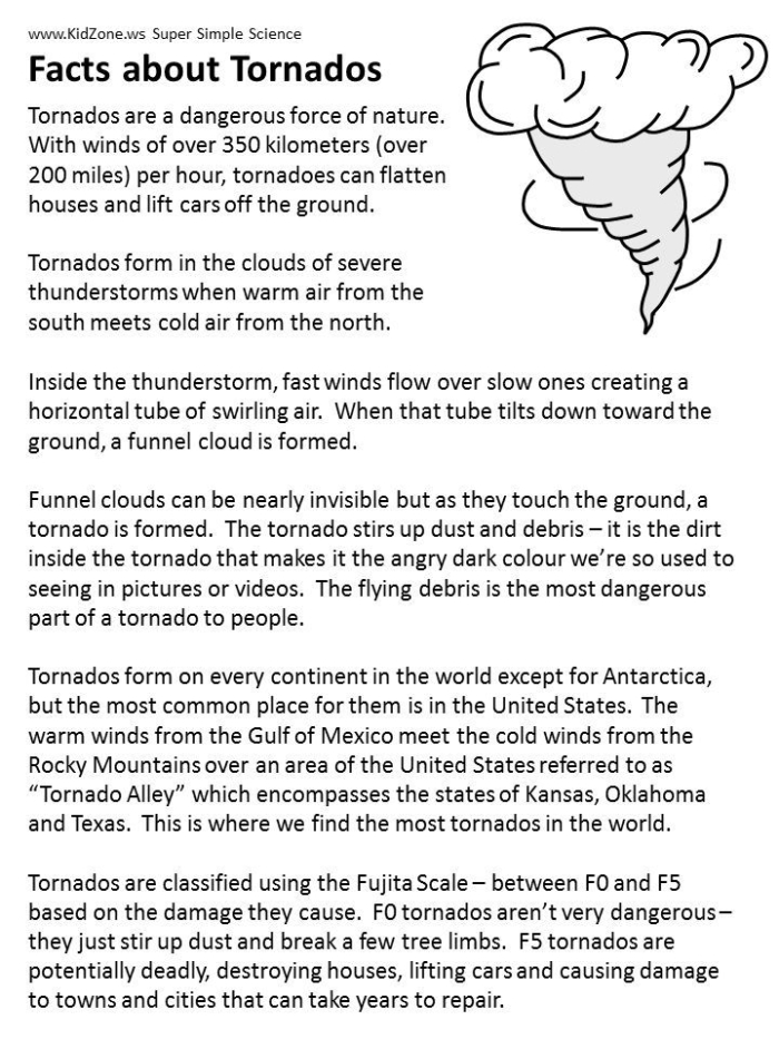 Fifth grade science worksheet with fill-in-the-blank questions about tornadoes
