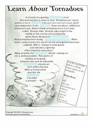 Fifth grade science worksheet with tornado-themed fill-in-the-blank questions