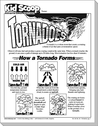 Fifth grade science worksheet featuring fill-in-the-blank questions about tornadoes