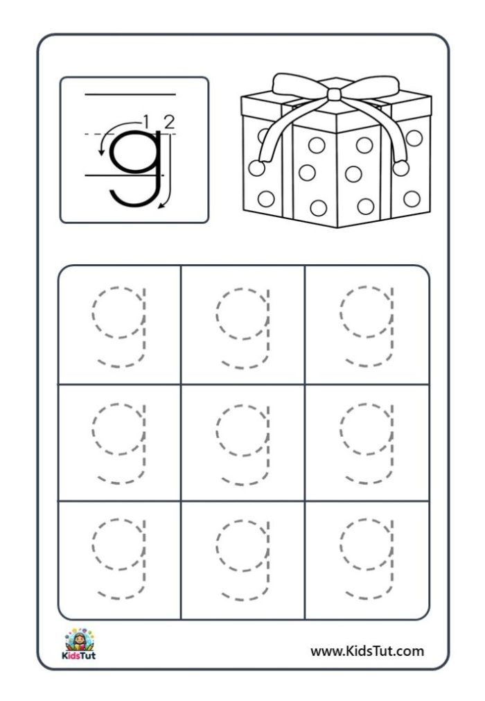 Practice page for mastering the hand motions of lowercase g and q Worksheet for tracing lowercase letters g and q for Pre-K students