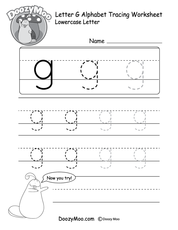 Practice page for tracing lowercase letters g and q, ideal for Pre-K grammar skills Tracing worksheet for lowercase letters g and q, featuring basic hand motions for young learners