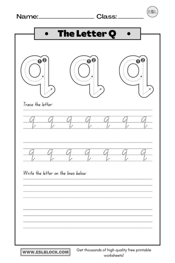 Practice page for handwriting skills featuring the letters g and q for Pre-K students. Tracing worksheet for lowercase letters g and q to help young learners practice writing.