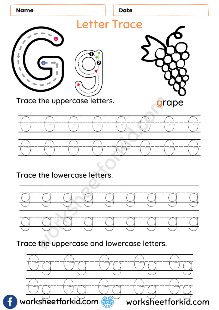 Worksheet image for learning to write lowercase g and q through tracing Tracing worksheet for practicing lowercase letters g and q for Pre-K students