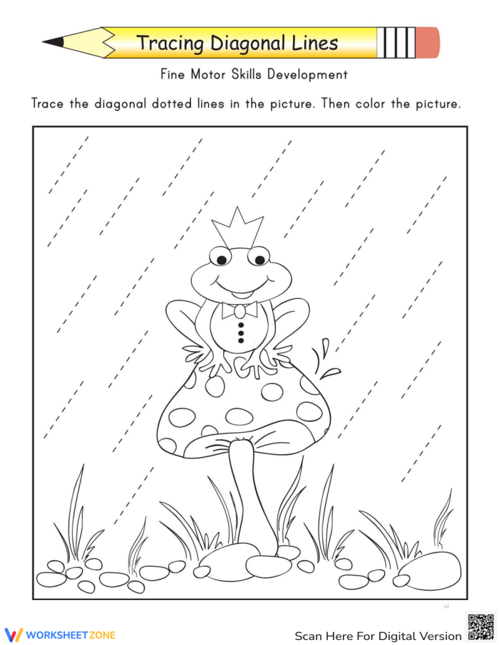 Tracing Diagonal Lines: Complete the Frog Prince worksheet for Pre-K learning activities Frog Prince worksheet featuring rain drops for tracing diagonal lines to improve writing skills