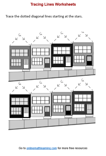 Tracing Diagonal Lines with the Frog Prince: Worksheet 21 Frog Prince worksheet featuring rain drops for tracing diagonal lines