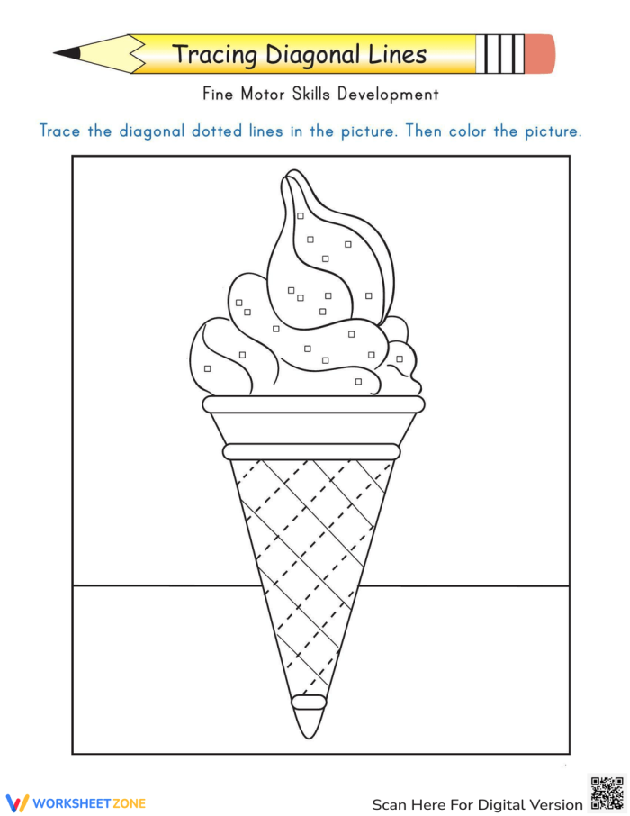 Worksheet for tracing diagonal lines featuring the Frog Prince and rain drops for Pre-K students A young child practices tracing diagonal lines while surrounded by raindrops and the Frog Prince illustration