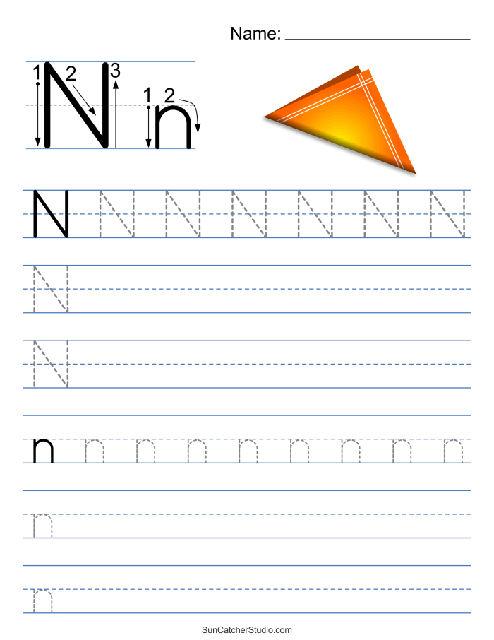 Worksheet for tracing the letter N designed for Pre-K students to develop fine motor skills