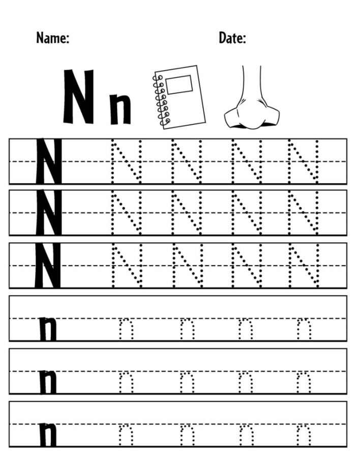 Practice tracing the letter N worksheet for pre-K children to enhance fine motor skills. Worksheet image showing kids tracing lines and the letter N for early writing development.