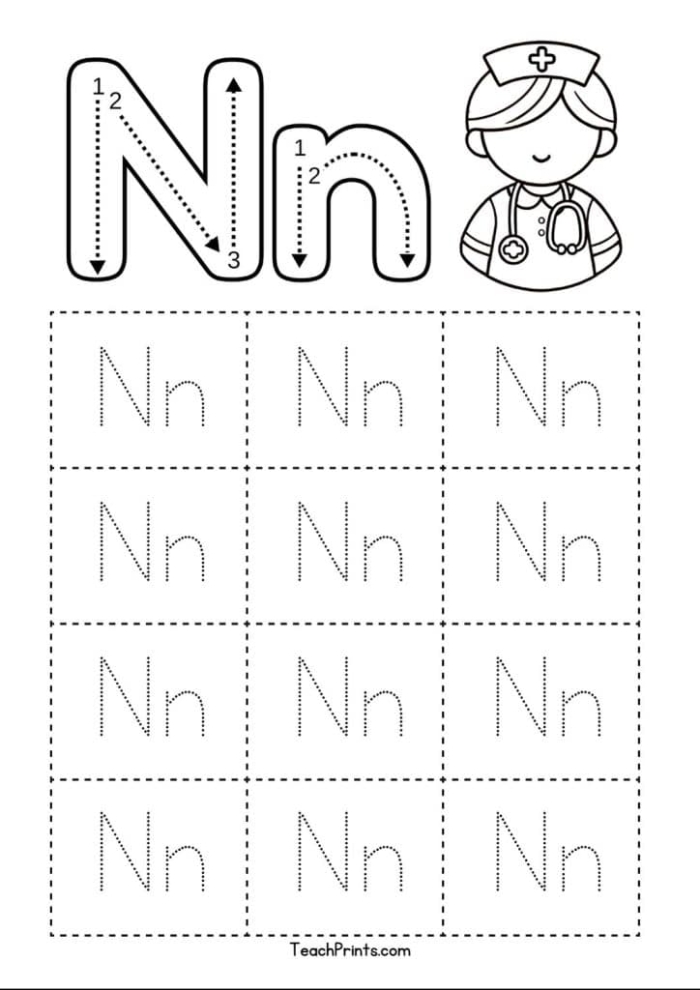 Worksheet for practicing tracing the letter N to improve fine motor skills in pre-K children