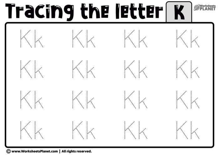 Tracing practice sheet for early writing skills in Pre-K education Worksheet for tracing lowercase letters k, v, and w for preschoolers
