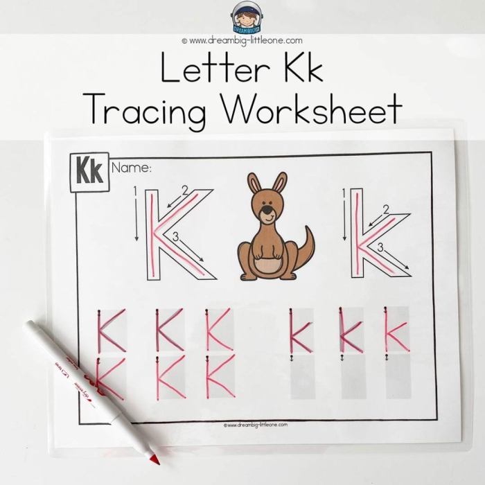 Practice sheet for learning to write lowercase letters k, v, and w Worksheet for tracing lowercase letters k, v, and w for preschoolers