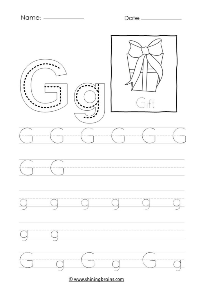 Worksheet image for learning to trace lowercase letters g and q Tracing practice worksheet for lowercase letters g and q for Pre-K students