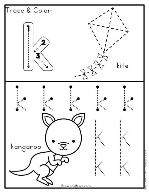 Engaging tracing activity for young children to master lowercase letter formation Tracing practice worksheet for lowercase letters k, v, and w designed for Pre-K learners