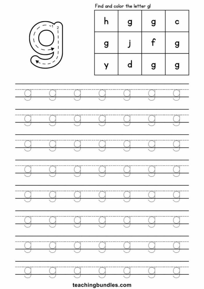 Worksheet featuring tracing exercises for writing lowercase g and q letters Tracing practice worksheet for lowercase letters g and q designed for Pre-K students