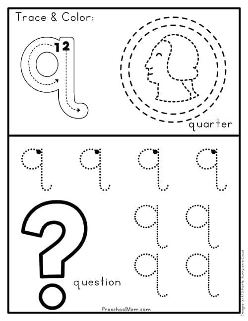 Grammar and Mechanics worksheet for Pre-K Tracing worksheet for lowercase letters g and q, featuring hand motion guides for young learners. Lowercase g and q tracing practice page for Pre-K students.