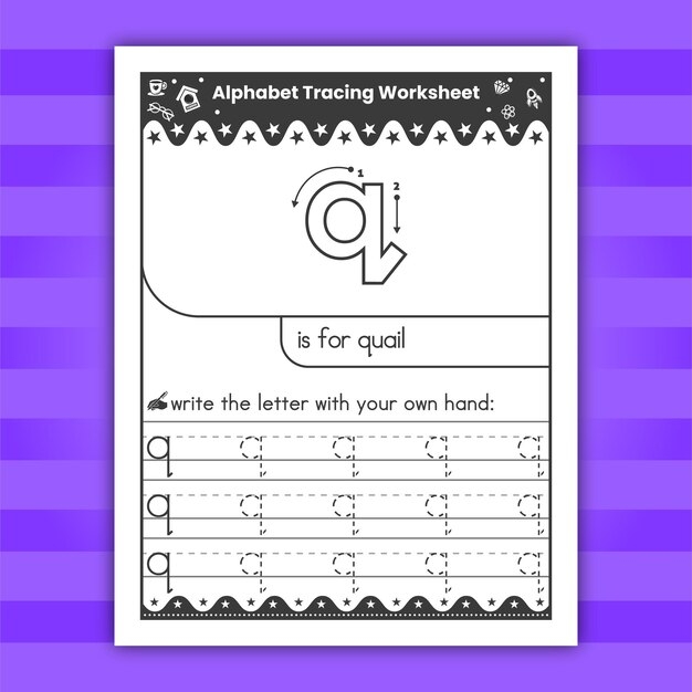 Hands-on practice page to help children learn to write g and q correctly Tracing worksheet for lowercase letters g and q with practice lines for Pre-K students