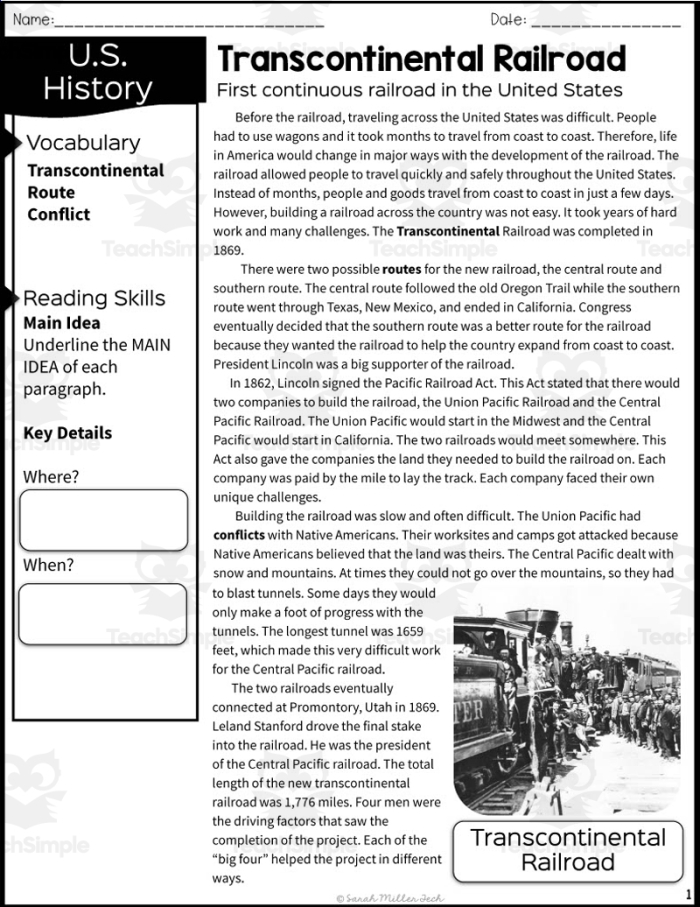 Worksheet page showing activities on the Transcontinental Railroad for fourth grade place value practice