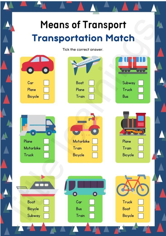 Explore different transportation types with this fun math activity for young learners, image 13 Kindergarten multiplication Transportation Match-Up worksheet showing various vehicles on land, air, and water