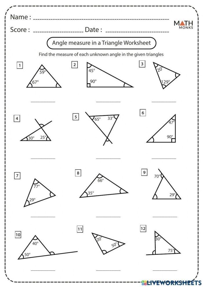 Geometry exercise on finding unknown angles in triangles for grade reading skills Triangle with angles marked for calculation in a geometry worksheet