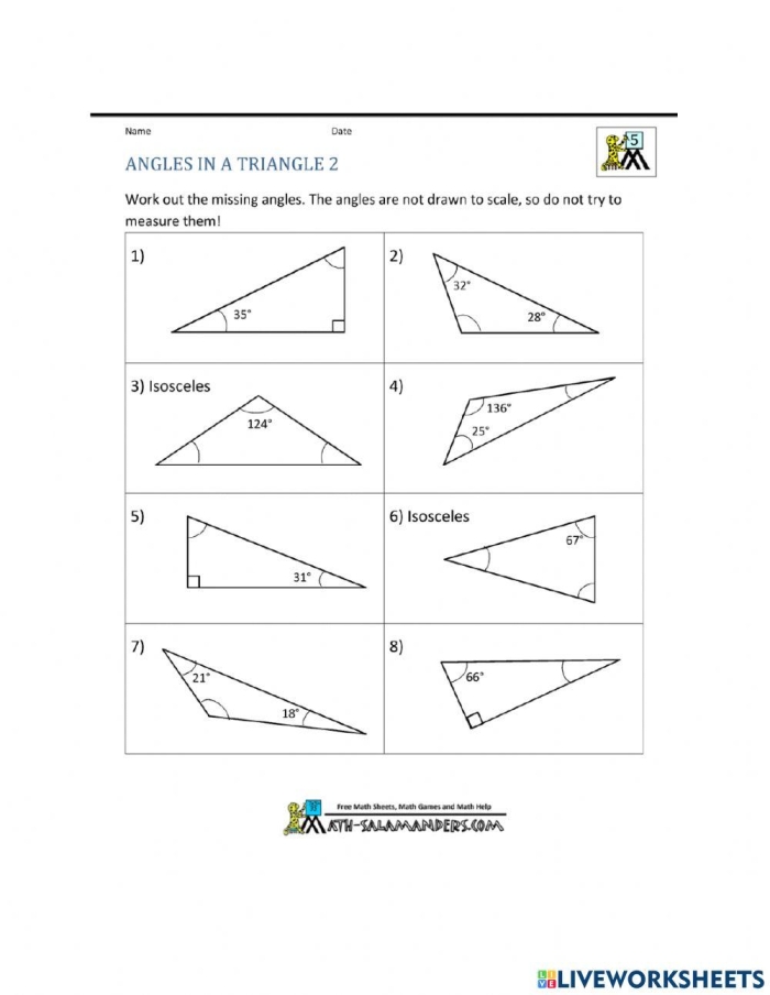 Tri-Angles worksheet for Grade Geometry focusing on angle addition and subtraction, image 9 Geometry worksheet showing a triangle with angles to calculate the missing value