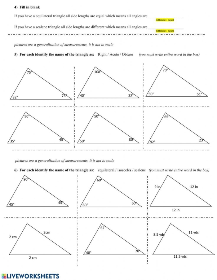 Geometry exercise on finding unknown triangle angles using addition and subtraction techniques Triangle angle worksheet showing calculation of missing angles for grade geometry