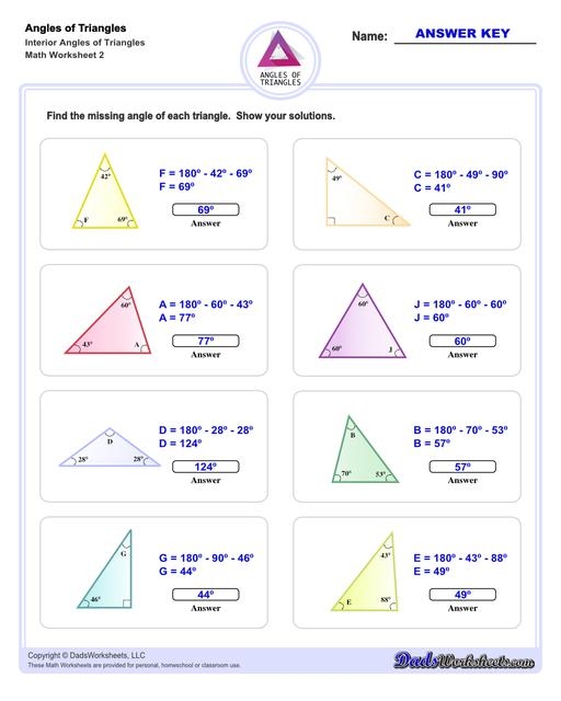 Geometry reading exercise on finding missing angles in triangles, image 1 Tri-Angles worksheet showing a triangle with one angle missing for students to solve