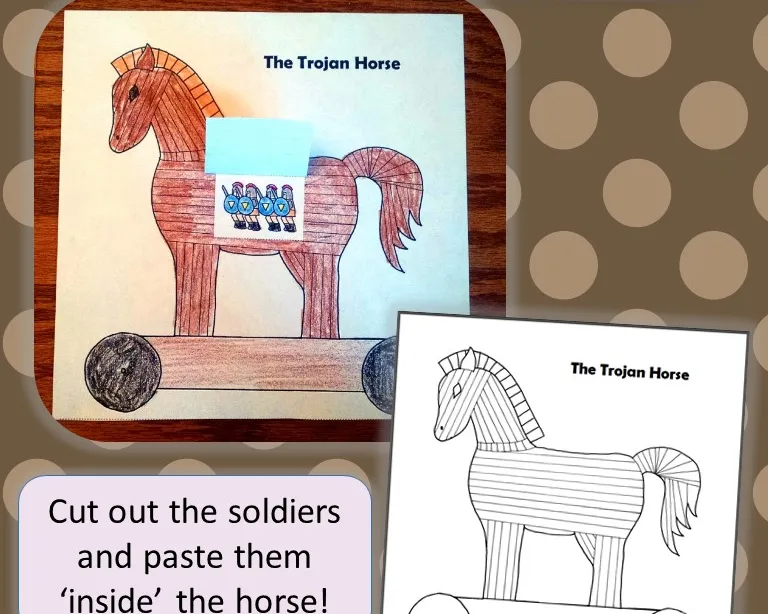 Illustration of ancient Greek soldiers hiding inside a large wooden horse structure during the Trojan War