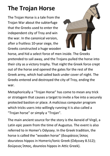 Illustration of ancient Greek soldiers hiding inside a large wooden horse structure during the Trojan War