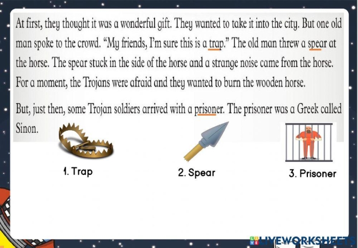 A wooden horse structure stands outside the walls of an ancient Troy city during the legendary Greek myth