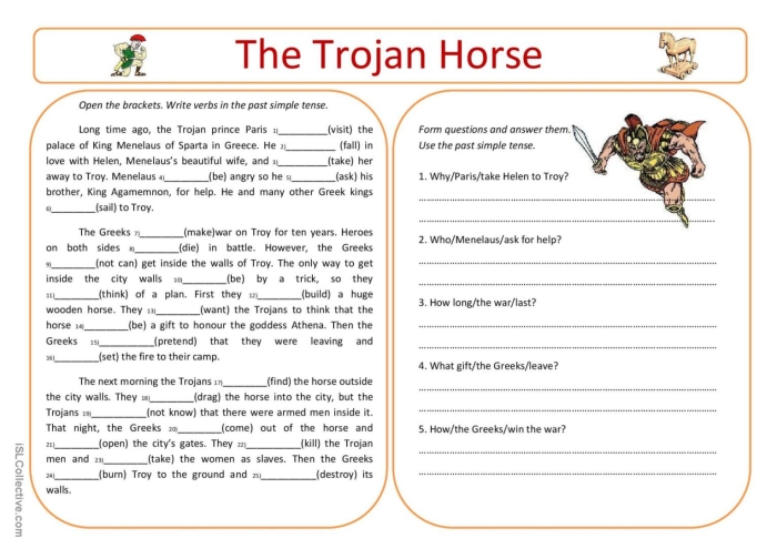 ALT text: Illustration showing the massive wooden Trojan Horse being wheeled toward the gates of Troy in this classic Greek mythology story
