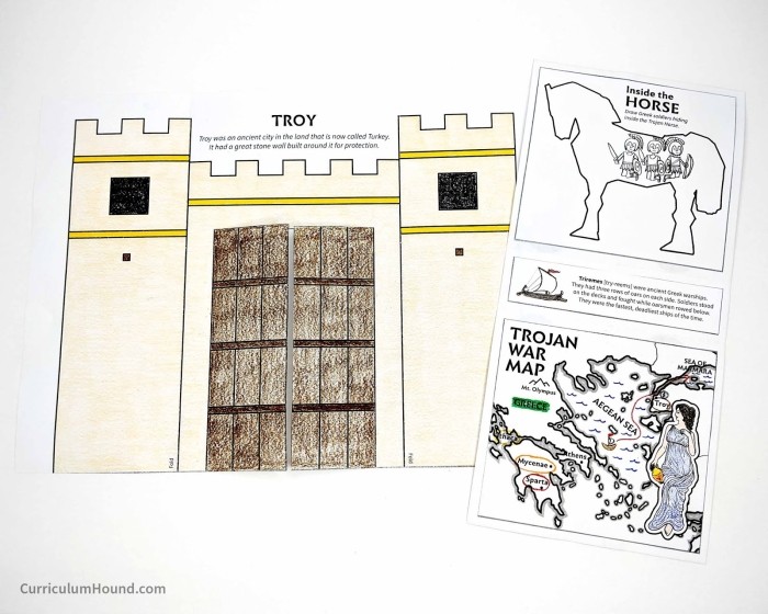 Wooden horse structure used in ancient Greek mythology during the Trojan War as depicted in a fifth grade reading worksheet