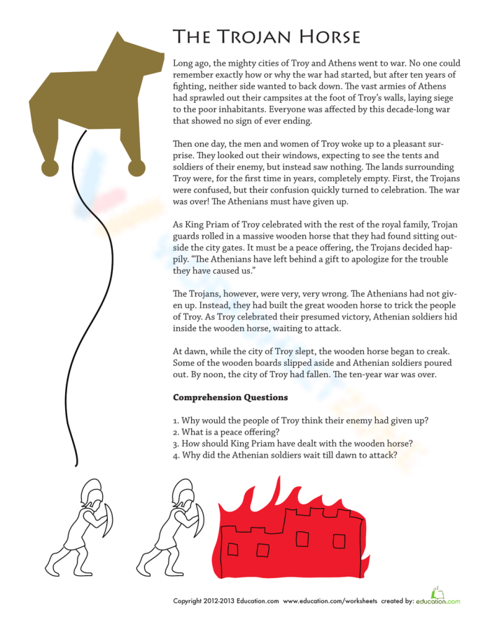 Illustration of the large wooden horse from Greek mythology being pulled toward the gates of Troy by soldiers