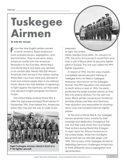 Fourth grade reading worksheet featuring the story of the Tuskegee Airmen