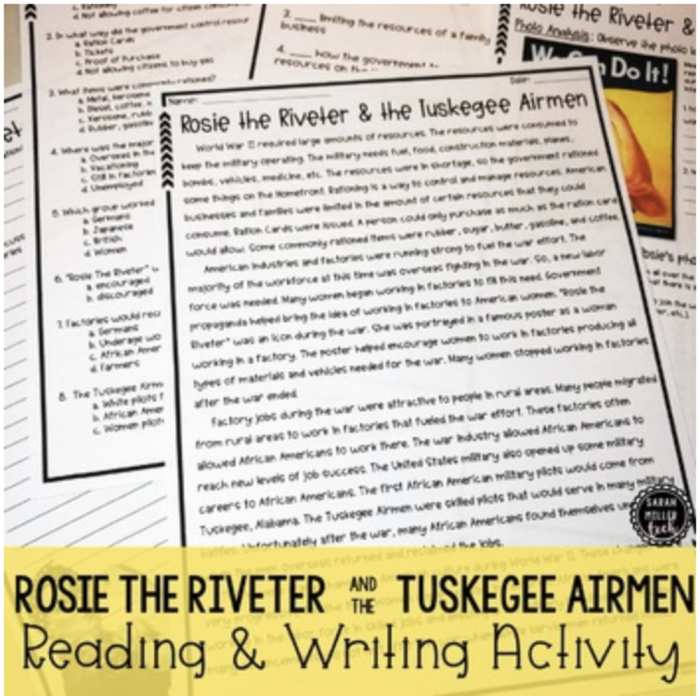 Fourth grade student working on a Tuskegee Airmen reading worksheet focused on history and comprehension