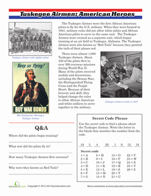 Fourth grade student completing a Tuskegee Airmen reading worksheet focused on history