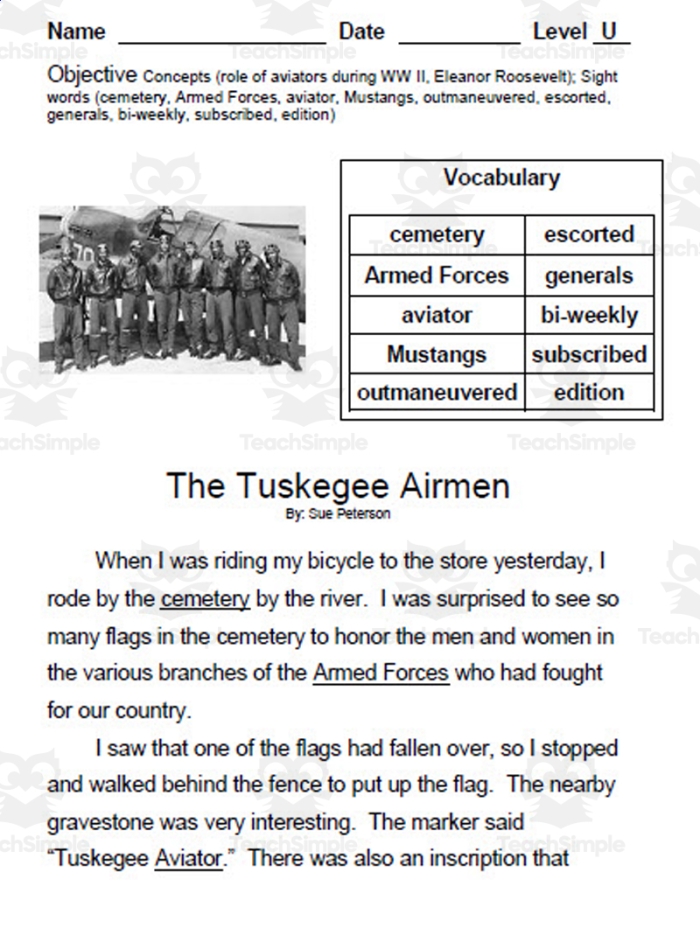 Fourth grader completing a Tuskegee Airmen history reading worksheet