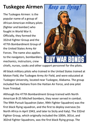 Fourth grade student working on a Tuskegee Airmen reading comprehension worksheet