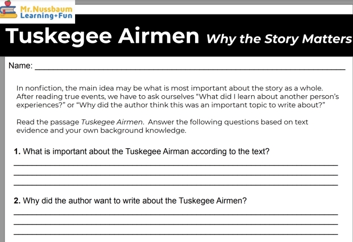 Fourth grade student working on a reading worksheet about the Tuskegee Airmen