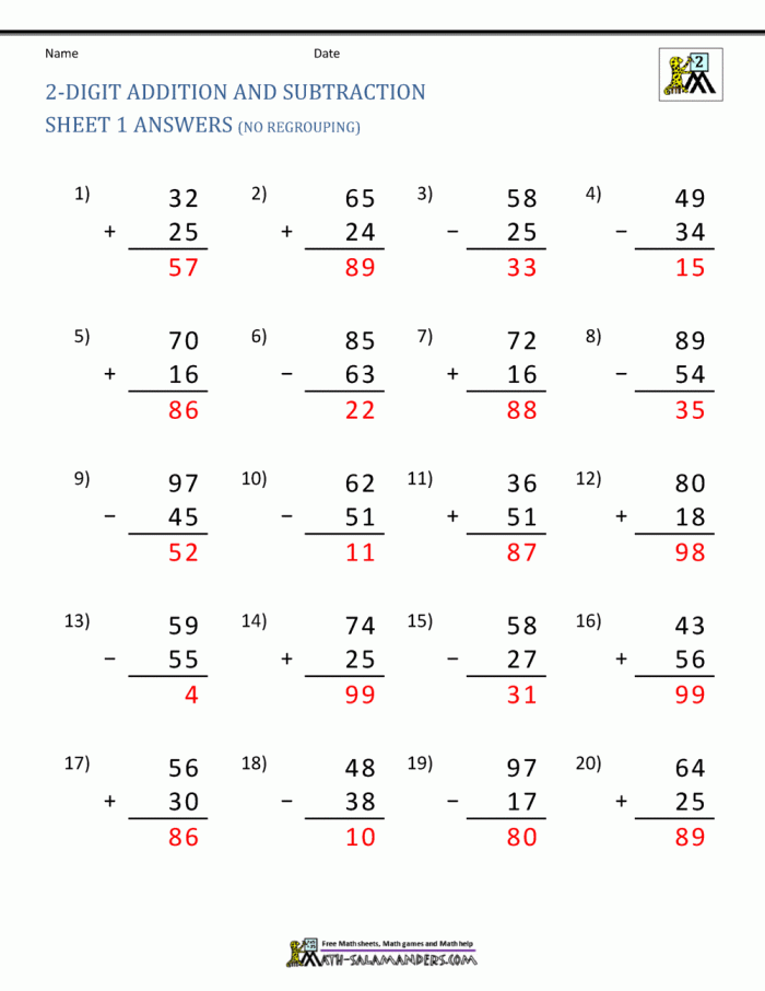 Two-Digit Addition and Subtraction Check-in worksheet for second graders