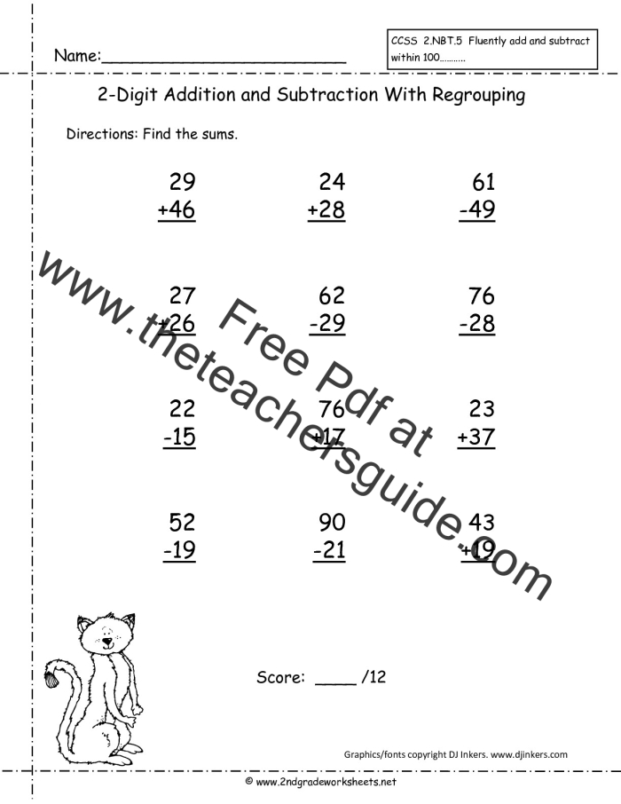 Two-Digit Addition and Subtraction Check-in worksheet for second graders