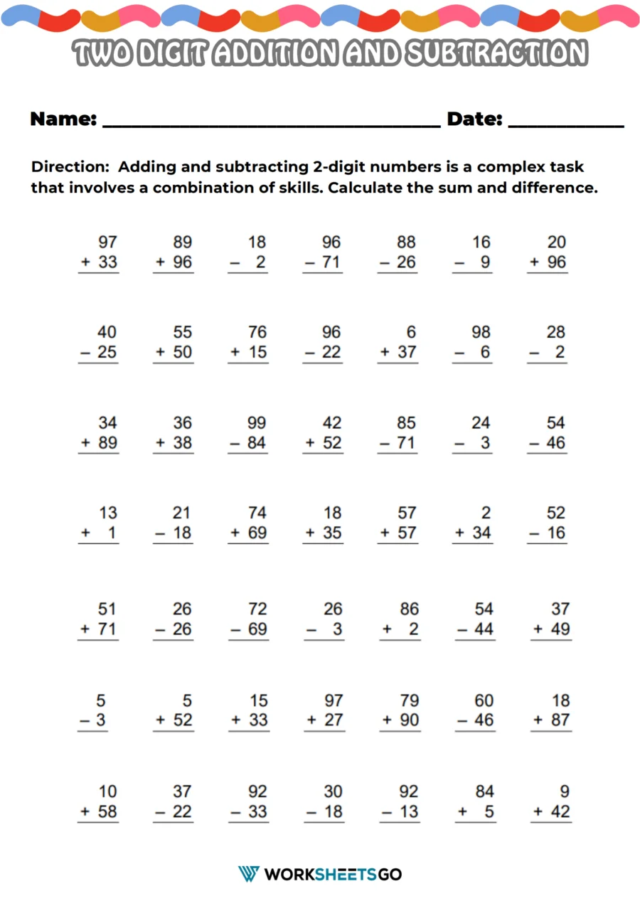 Second-grade worksheet featuring two-digit addition and subtraction practice