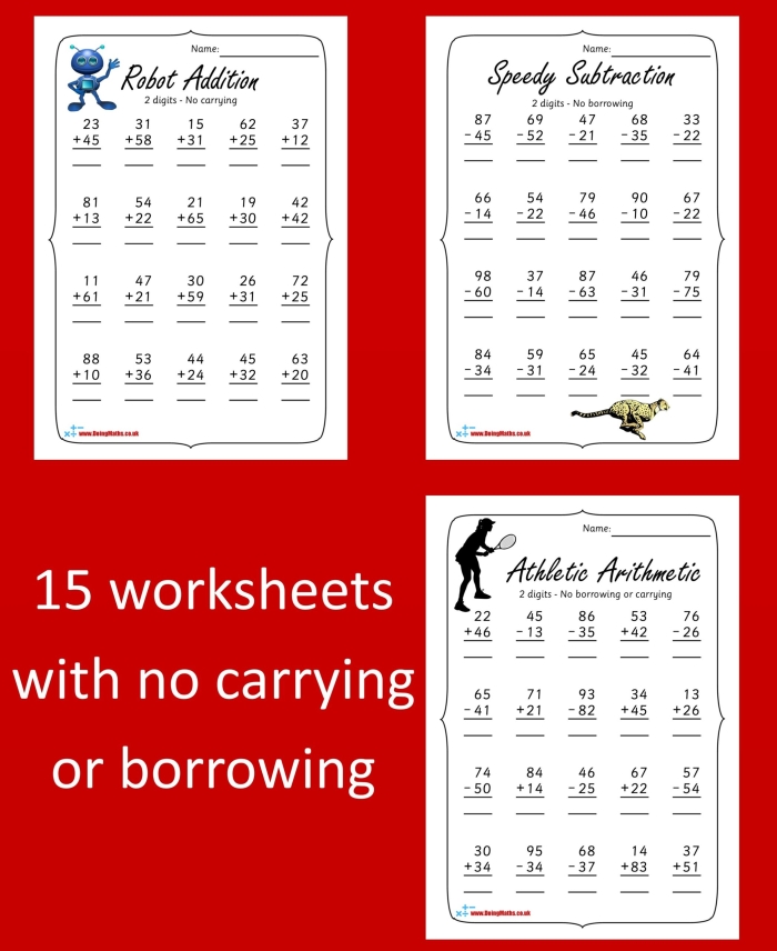 Worksheet featuring two-digit addition and subtraction problems for second graders