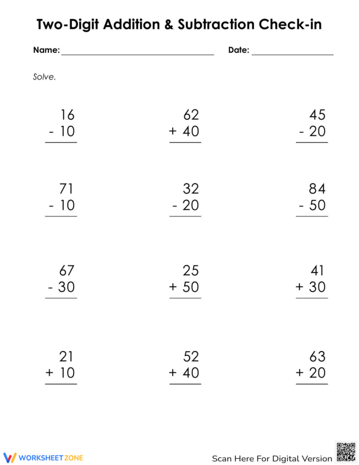 Two-Digit Addition and Subtraction Check-in worksheet for second graders practicing math skills