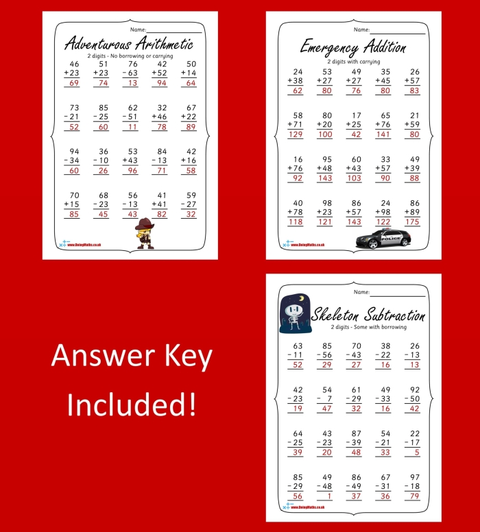Two-Digit Addition and Subtraction Check-in worksheet for second graders assessing math skills