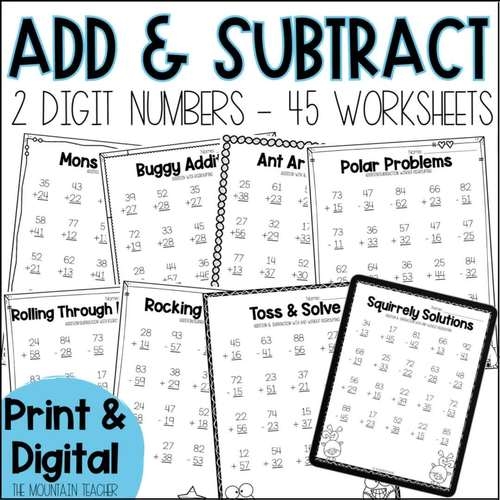 Two-Digit Addition and Subtraction Check-in worksheet for second graders showcasing math problems