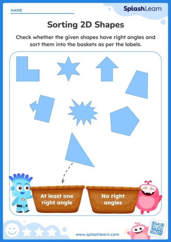 Third Grade worksheet focused on identifying angles in various two-dimensional shapes for addition practice