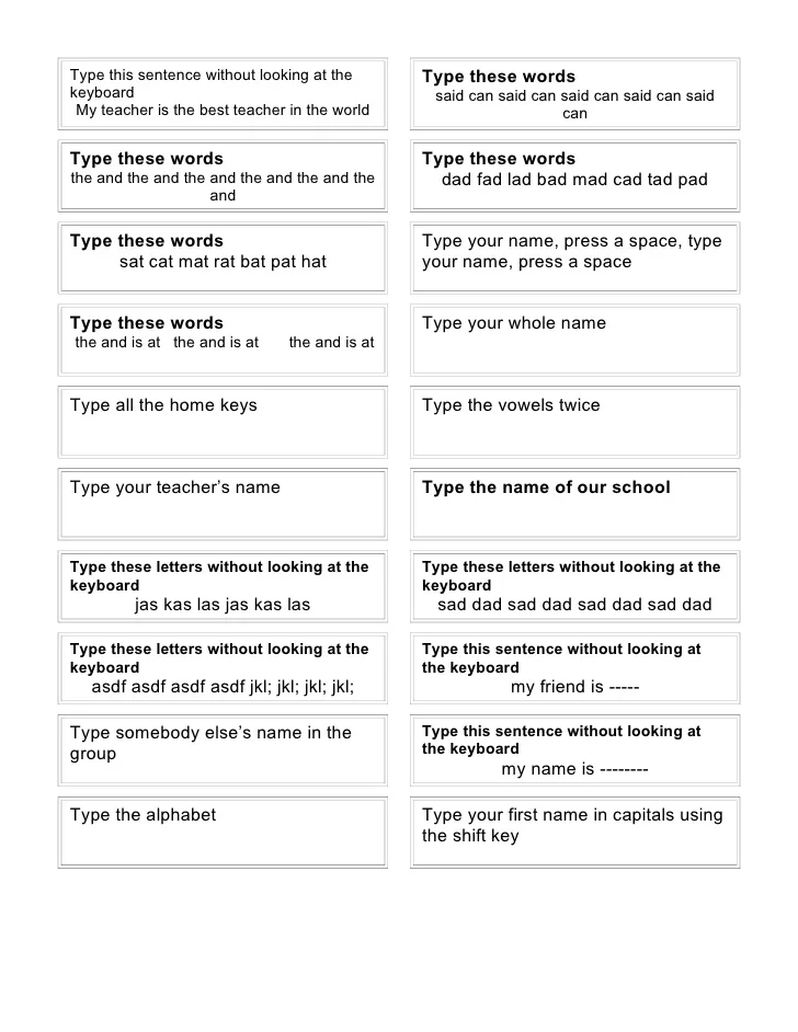 Third Grade worksheet showing finger placement on a paper keyboard for typing sentences
