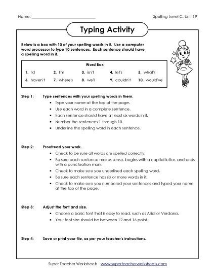 Third grade worksheet showing finger placement for typing sentences accurately