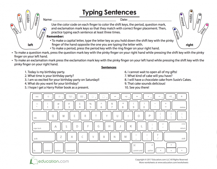 Third grade worksheet showing a paper keyboard for practicing finger placement while typing sentences