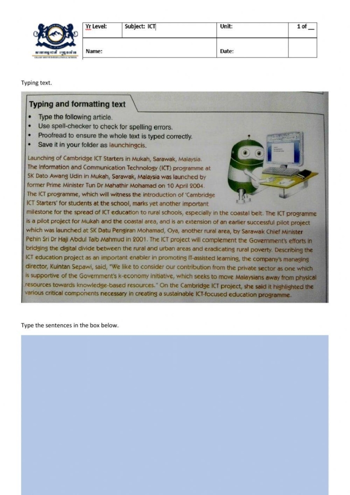 Third Grade typing worksheet featuring a colorful paper keyboard for correct finger placement
